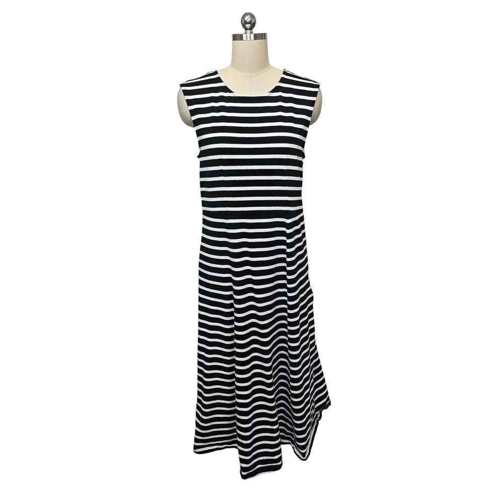 J. Crew‎ Black White Striped Sleeveless Midi Dress Size Medium Capsule Wardrobe